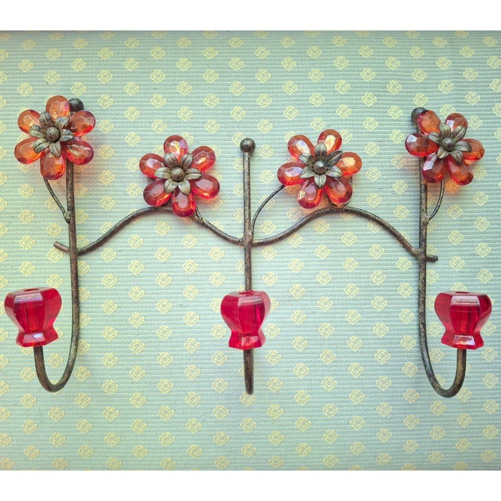 Red crystal flower bronze wall hooks coat rack cottagecore fairycore boho vtg